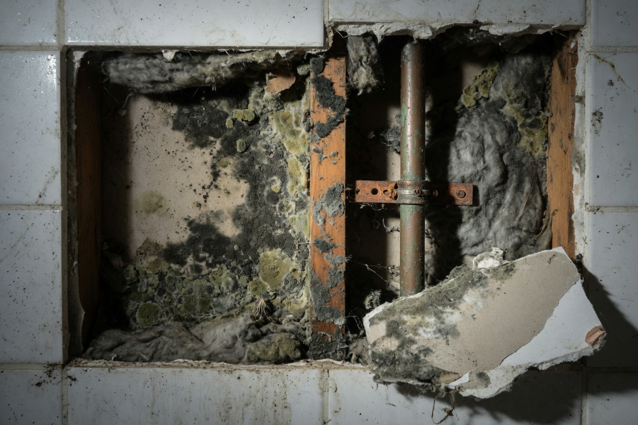 Mold growth exposed inside a wall cavity after untreated water damage in Tucson