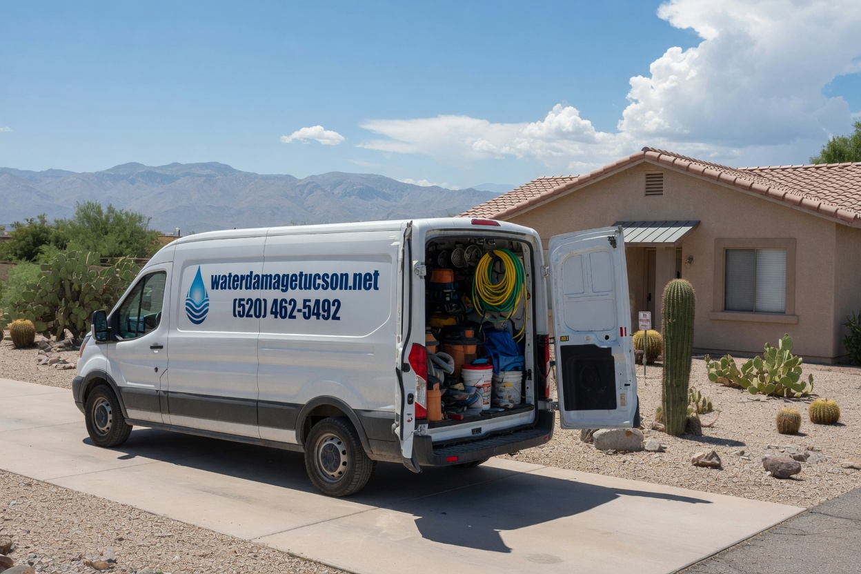 Water damage restoration van parked outside a stucco home in Tucson Arizona