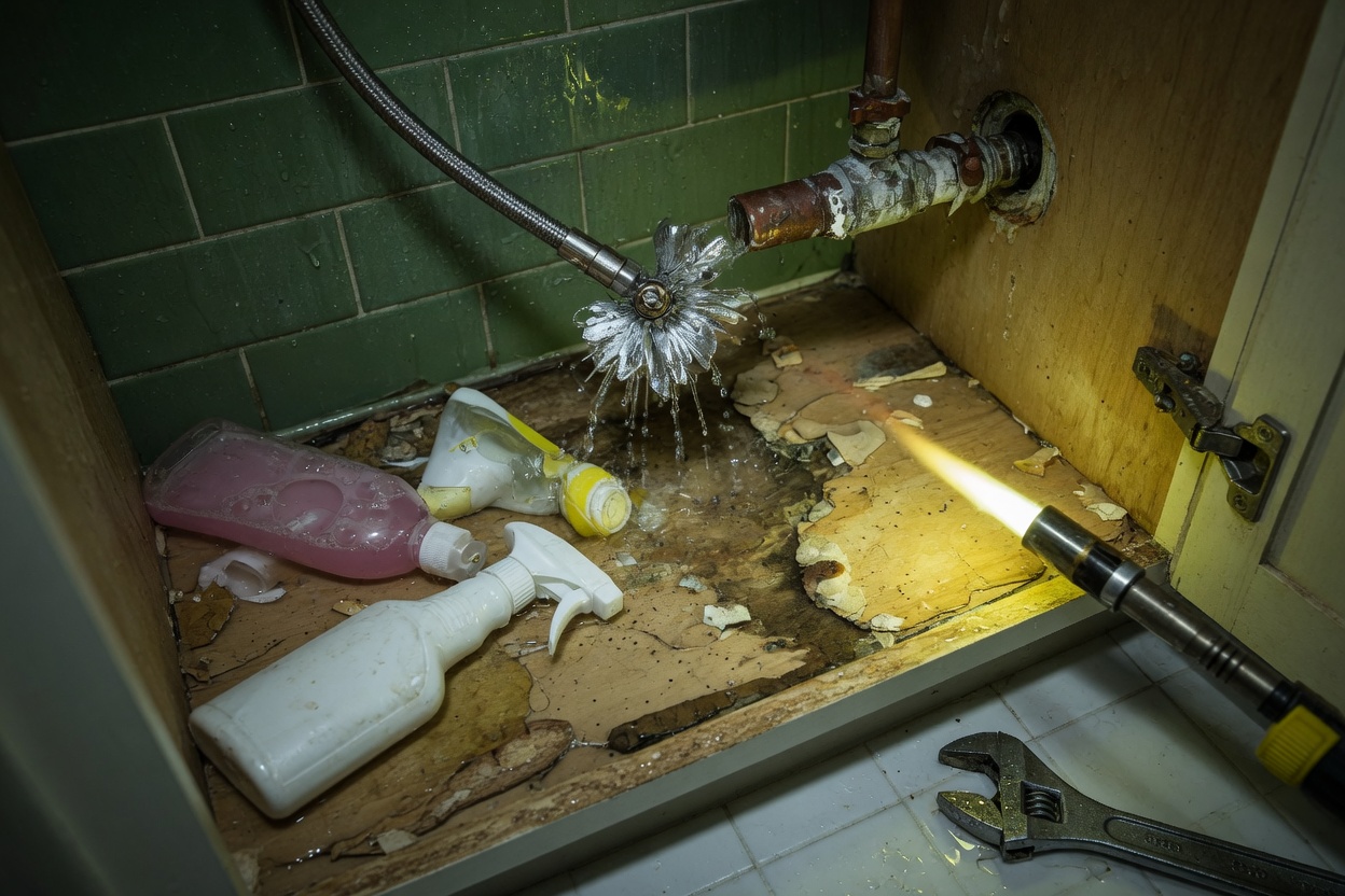 Burst supply line spraying water under a sink, a common cause of Tucson water damage
