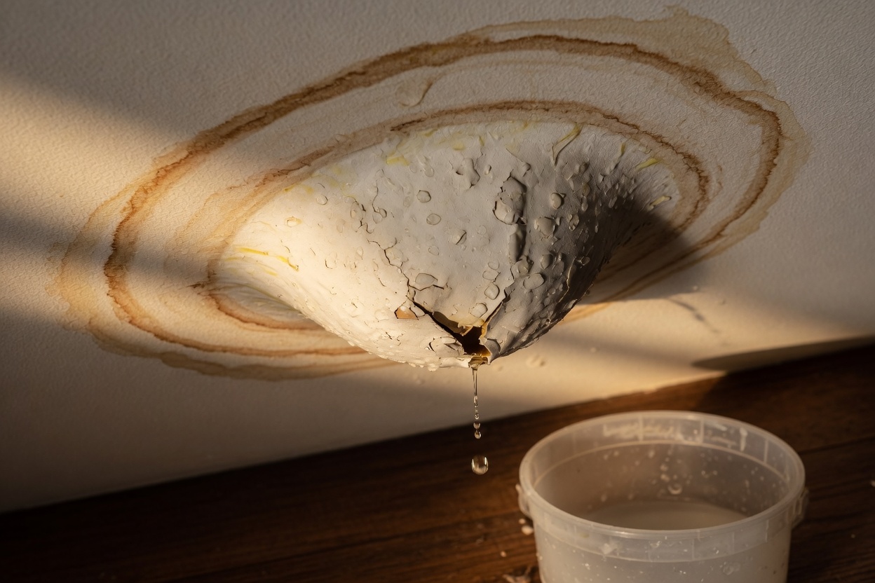 Brown water stain spreading across a ceiling from a roof or plumbing leak in Tucson