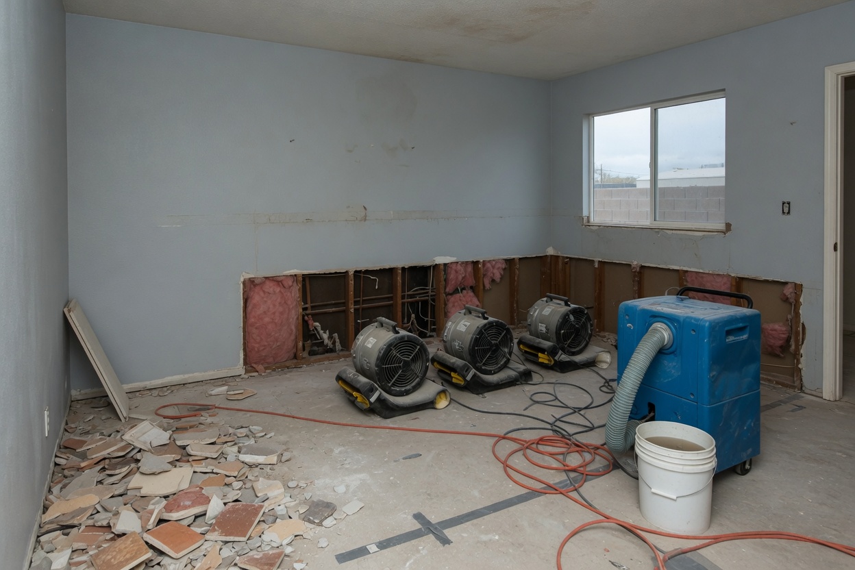 Air movers and a commercial dehumidifier drying a water damaged room in Tucson