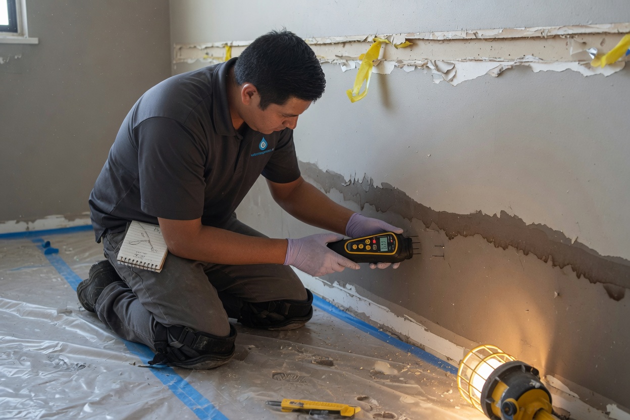 Restoration technician using a moisture meter to check a wall for hidden water damage