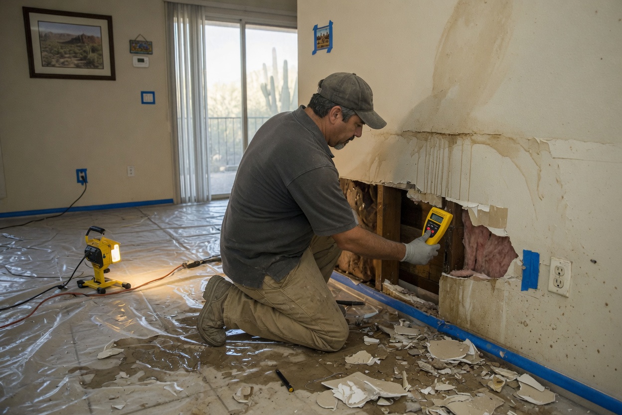 Technician checking moisture levels during a Tucson water damage inspection