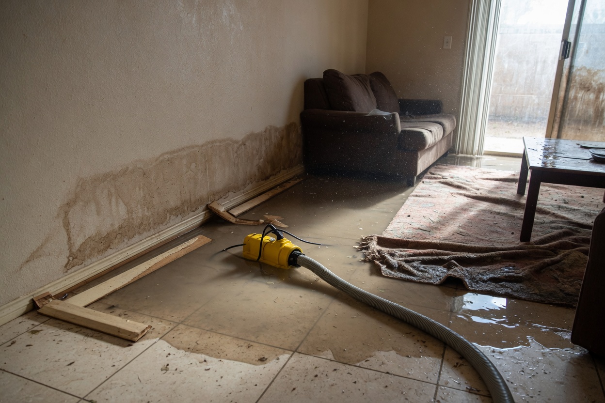 Standing water pooling across a tile floor during a water damage emergency in Tucson